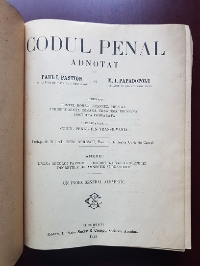 Paul I. Pastion, M. I. Papadopolu - Codul Penal Adnotat (1922) - imagine 2