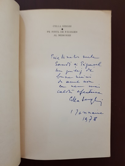Cella Serghi - Pe firul de paianjen al memoriei (1977, prima editie cu autograful si dedicatia autoarei) - imagine 2