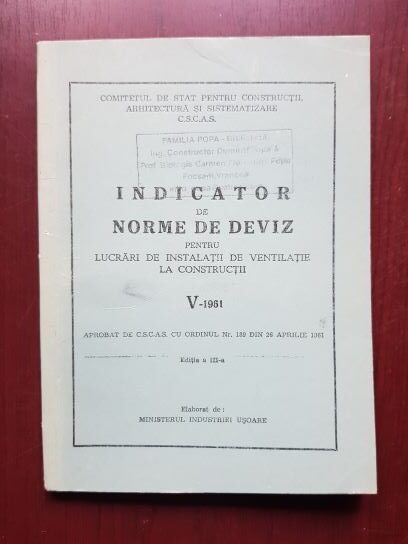 Indicator de norme de deviz pentru lucrari de instalatii de ventilatie la constructii V-1961