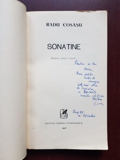 Radu Cosasu - Sonatine (1987, cu autograful si dedicatia autorului) - imagine 2
